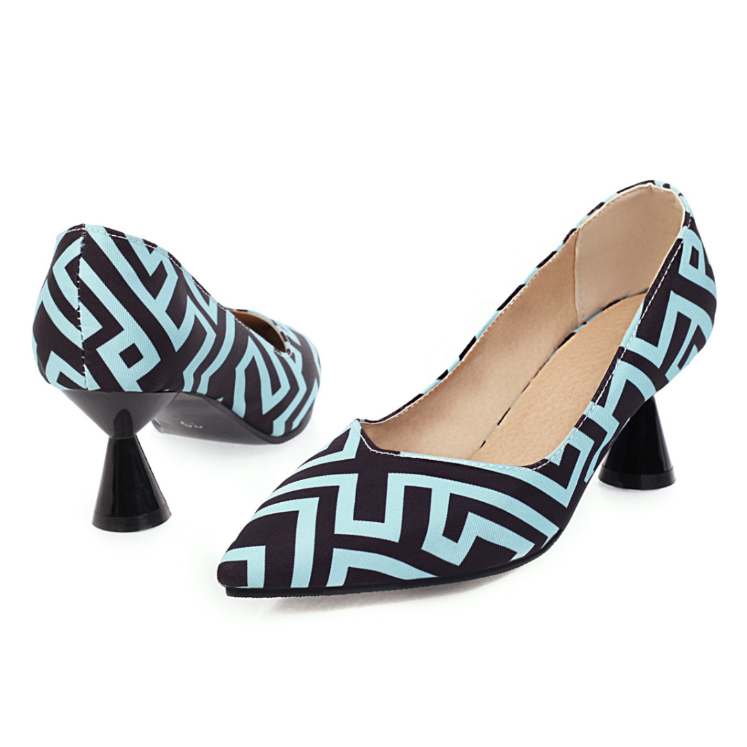 printed point toe pumps