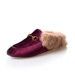 women leather flats loafers mules with fur