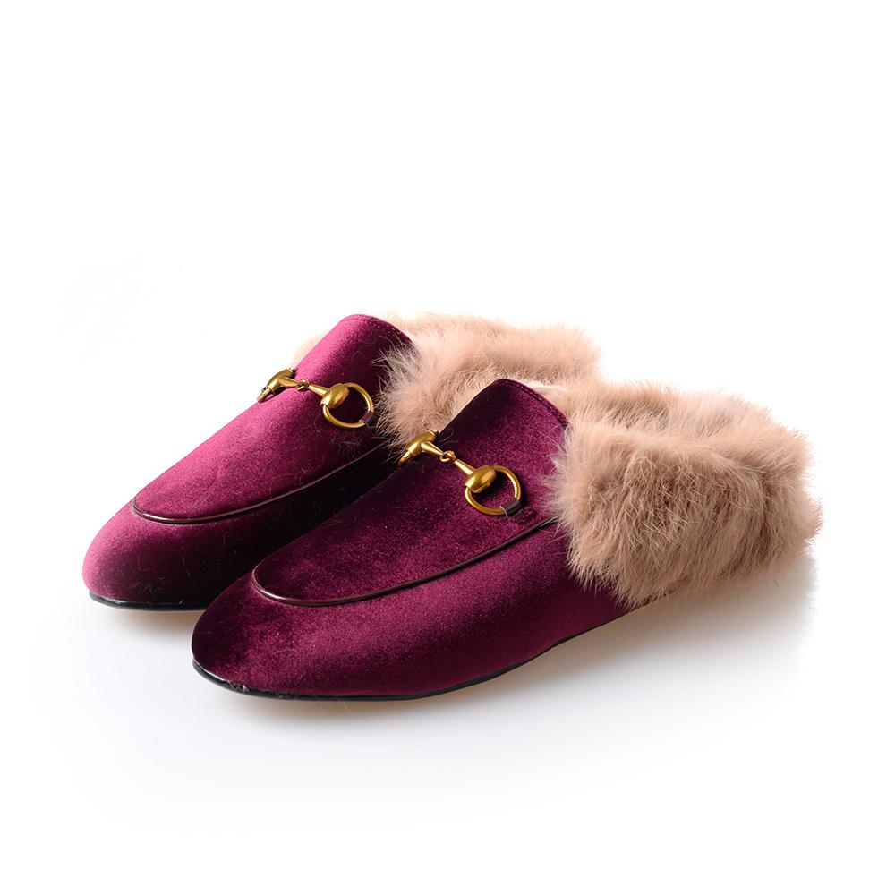 women leather flats loafers mules with fur