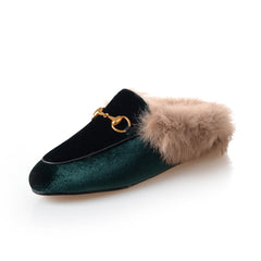 women leather flats loafers mules with fur