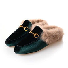 women leather flats loafers mules with fur