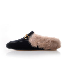 women leather flats loafers mules with fur