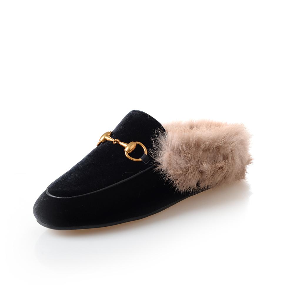 women leather flats loafers mules with fur