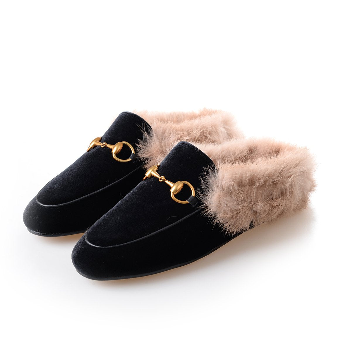 women leather flats loafers mules with fur