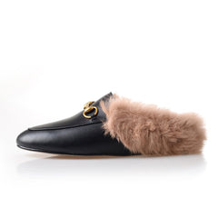 women leather flats loafers mules with fur