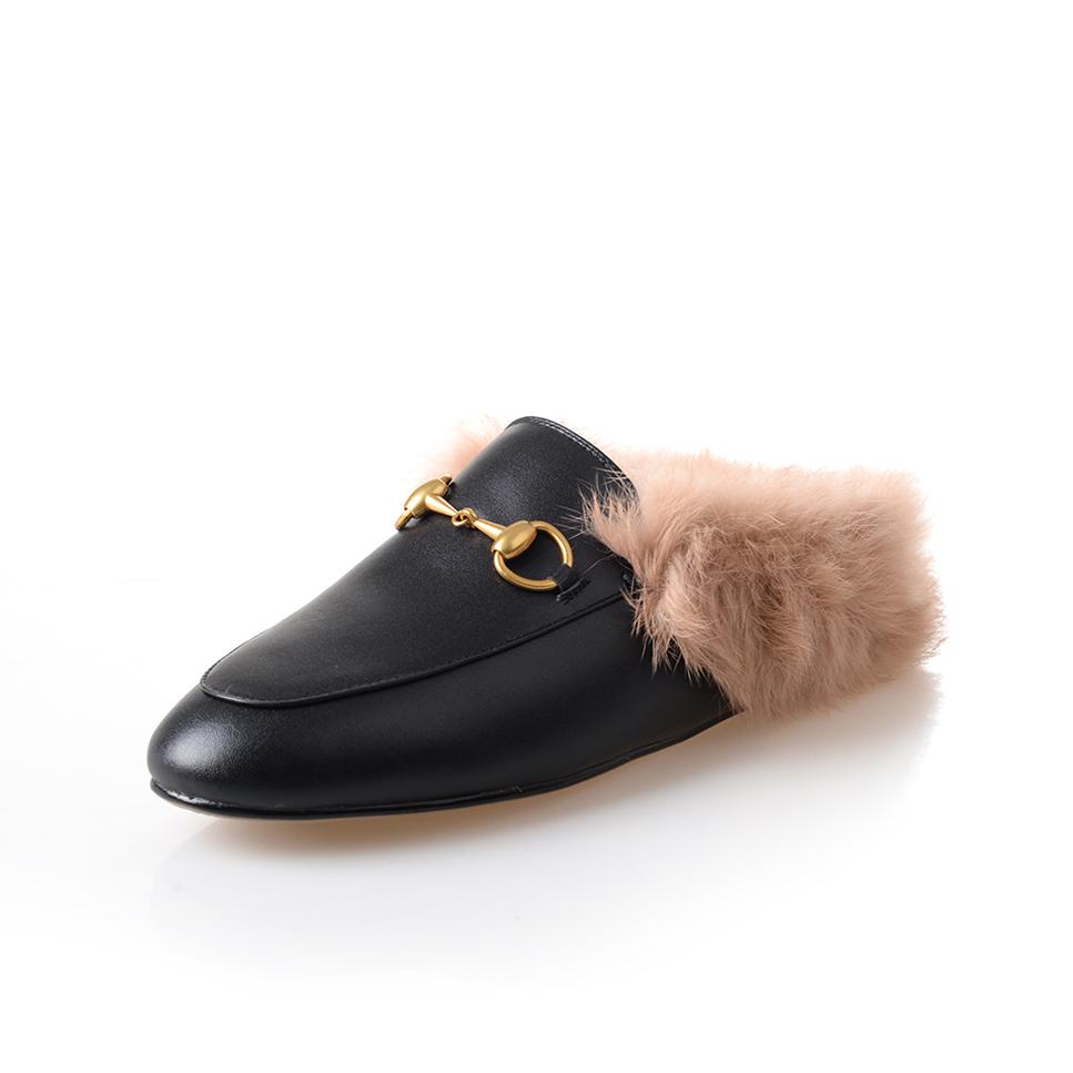 women leather flats loafers mules with fur