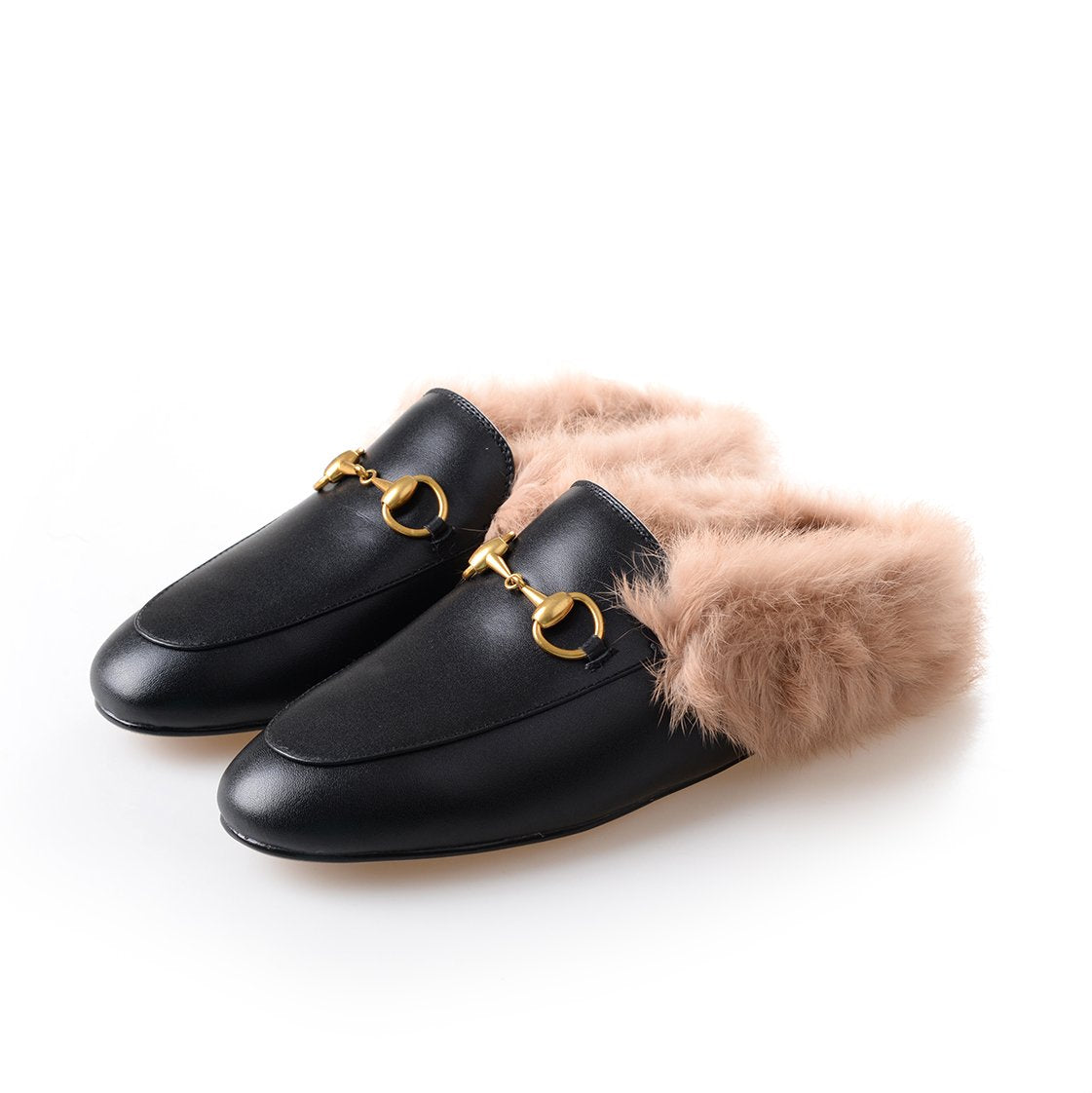 women leather flats loafers mules with fur