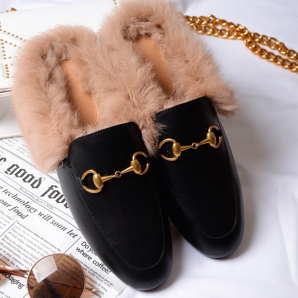 women leather flats loafers mules with fur