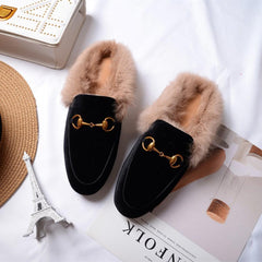 women leather flats loafers mules with fur