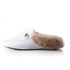 women leather flats loafers mules with fur