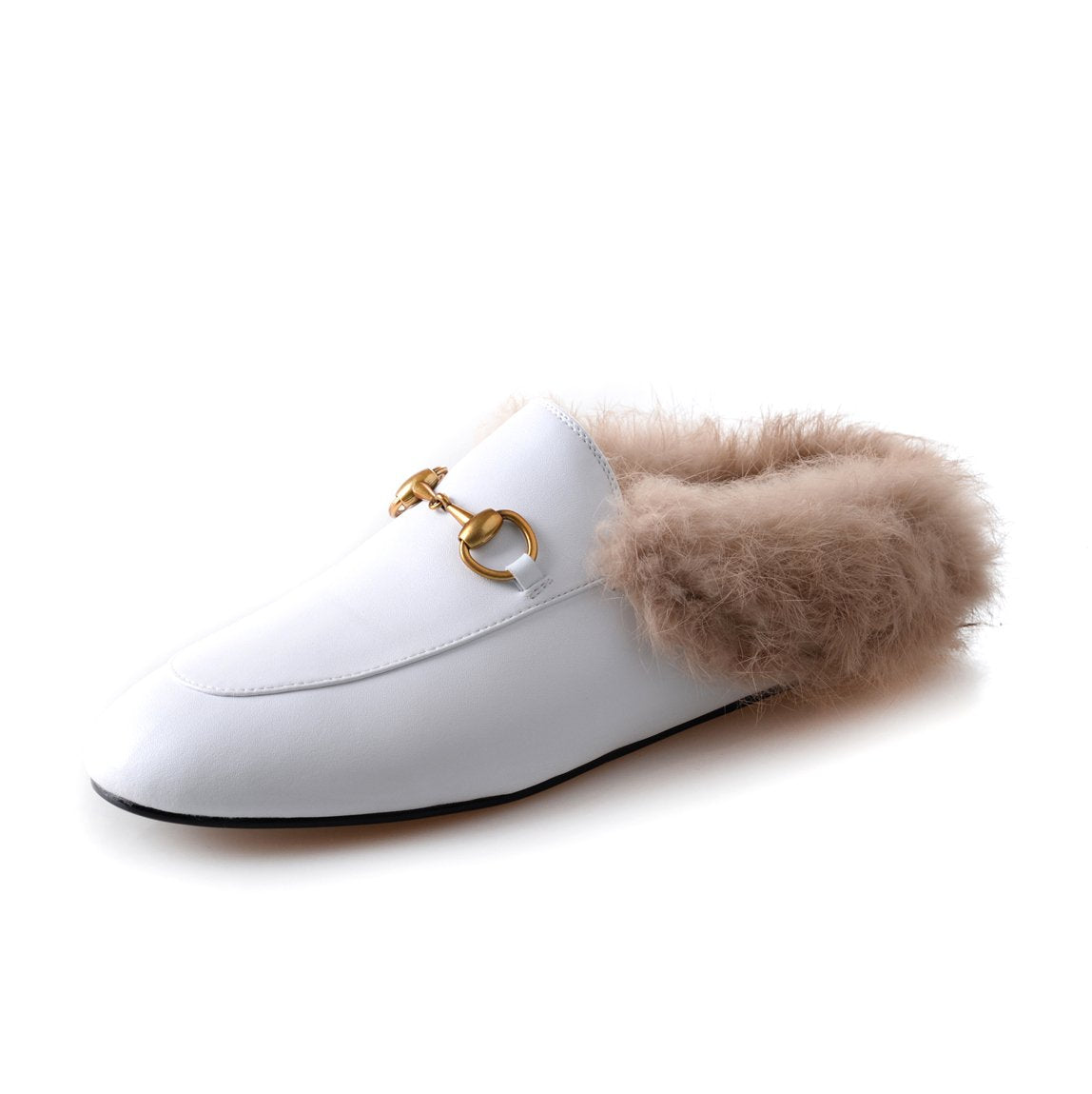 women leather flats loafers mules with fur