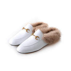 women leather flats loafers mules with fur