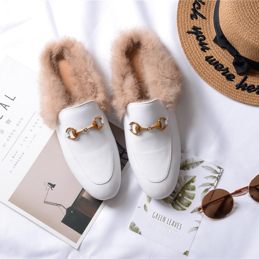 women leather flats loafers mules with fur