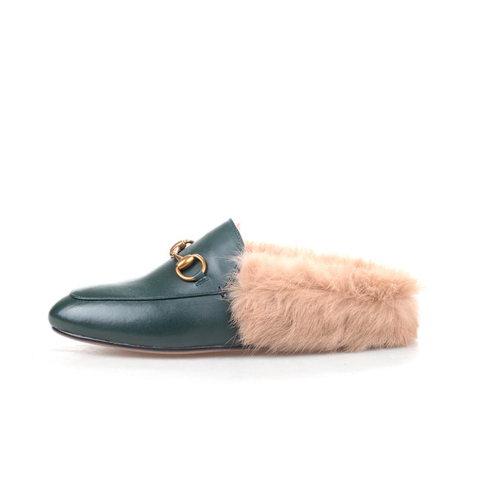 women leather flats loafers mules with fur