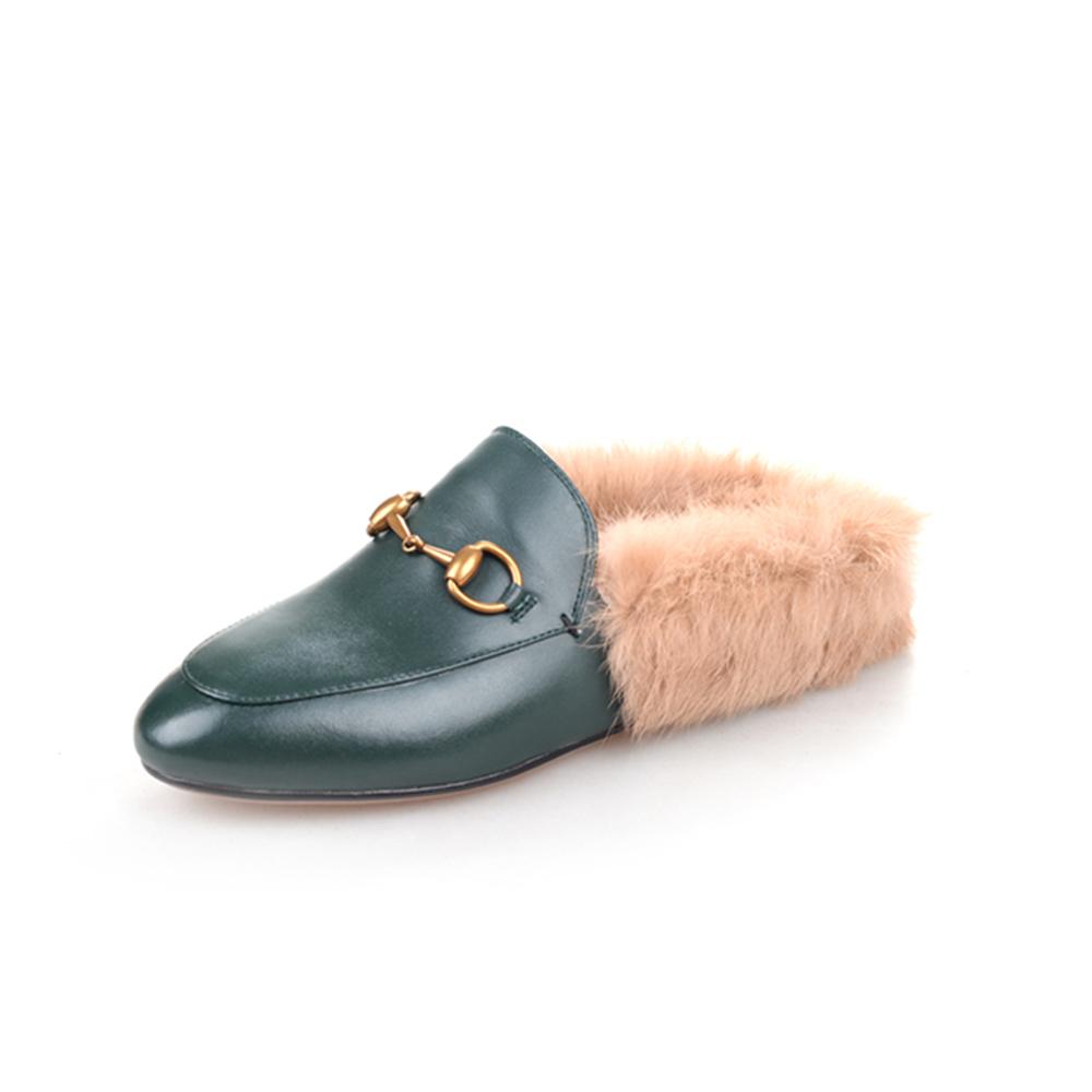 women leather flats loafers mules with fur