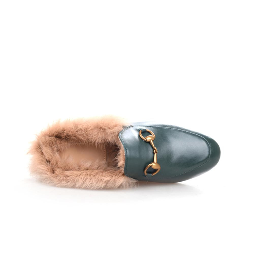 women leather flats loafers mules with fur