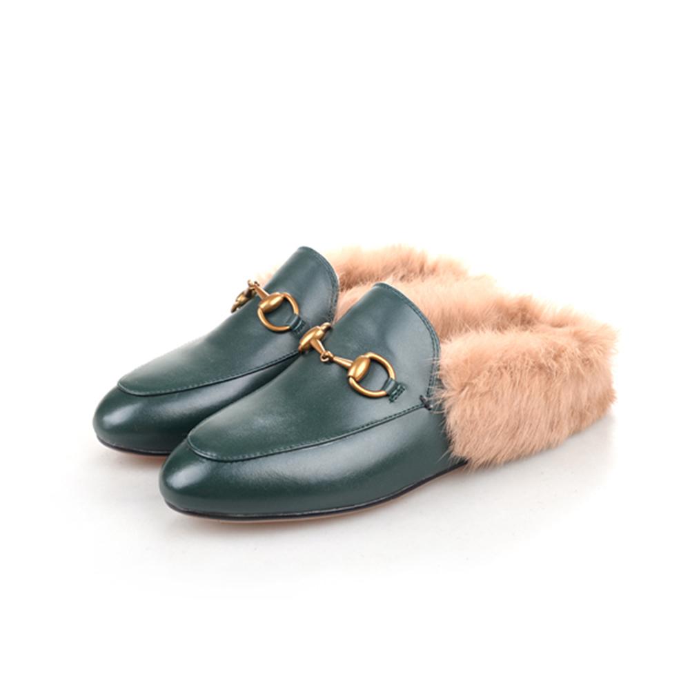 women leather flats loafers mules with fur