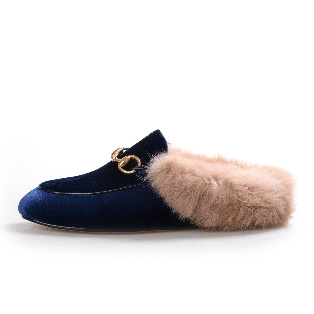 women leather flats loafers mules with fur