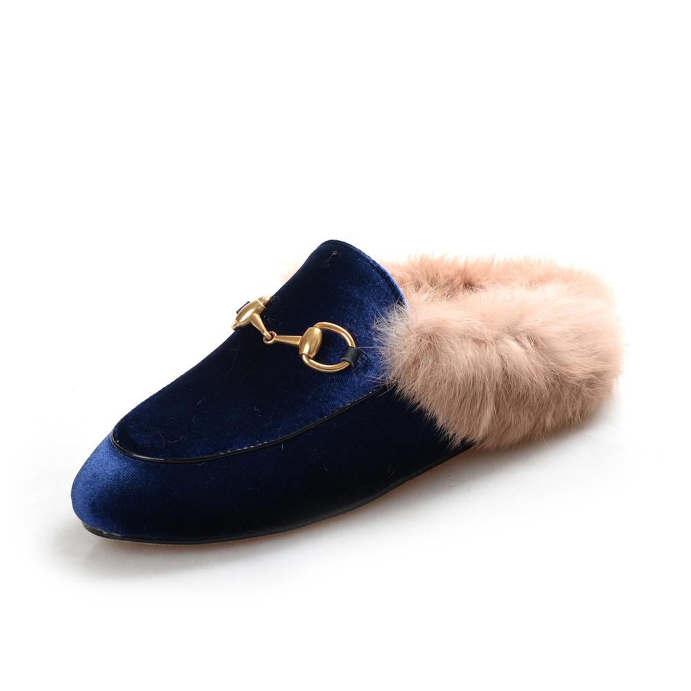 women leather flats loafers mules with fur