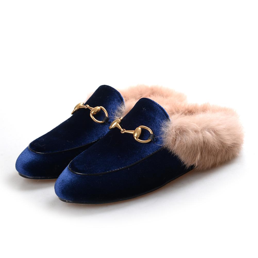 women leather flats loafers mules with fur