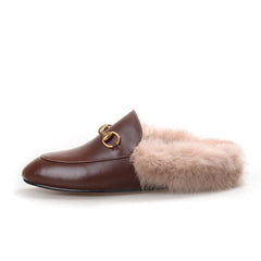 women leather flats loafers mules with fur