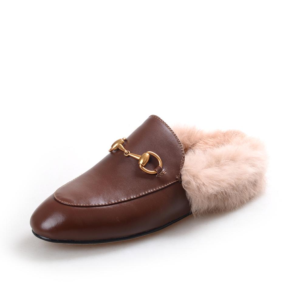 women leather flats loafers mules with fur