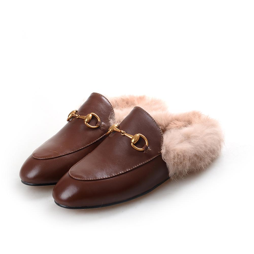 women leather flats loafers mules with fur