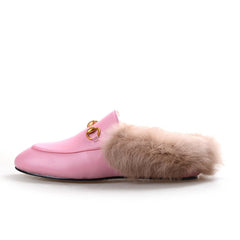 women leather flats loafers mules with fur