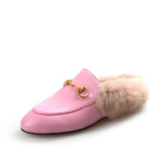 women leather flats loafers mules with fur