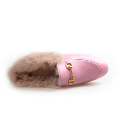 women leather flats loafers mules with fur