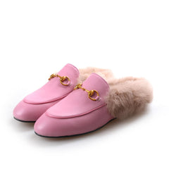 women leather flats loafers mules with fur